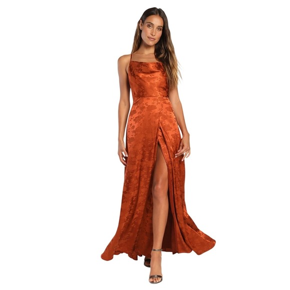 Lulus Dresses & Skirts - Lulus Simply Dreamy Rust Orange Satin Jacquard Maxi Dress Size Medium